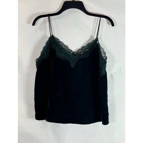 J.O.A Women's Green Lace-Trim V-Neck Crushed Velvet Spaghetti Strap Cami Top SZM - Picture 1 of 11